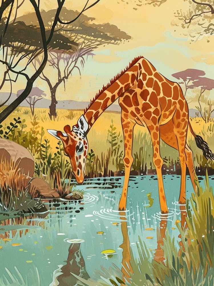 Giraffe By The Watering Hole Watercolour Illustration 3