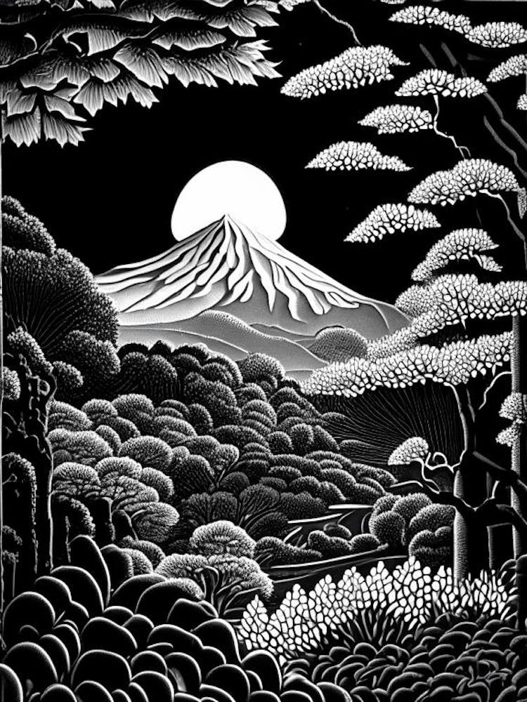 Kairakuen, 1, Japan Linogravure Noir Et Blanc Vintage