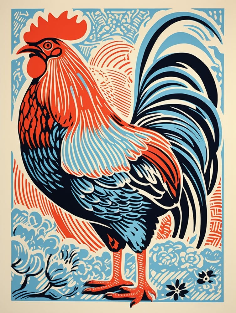 Vintage Bird Linocut Chicken 6