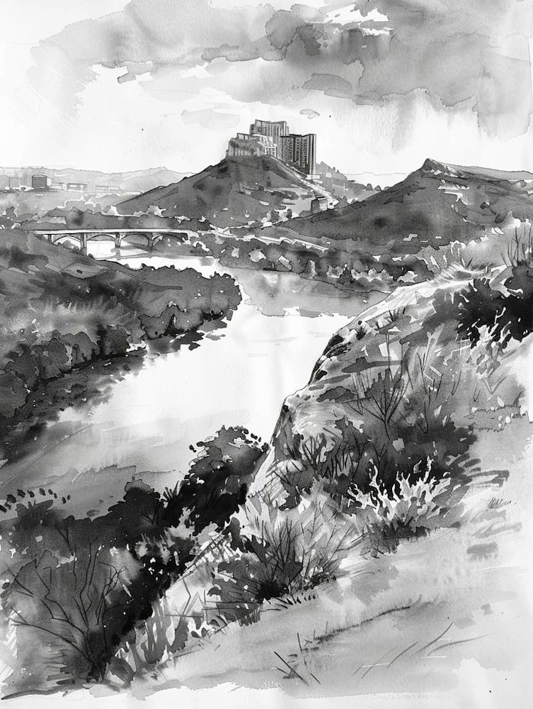 Mount Bonnell Austin Texas Black And White Watercolour 2