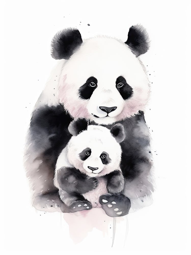Panda And Baby Watercolour Illustration 2