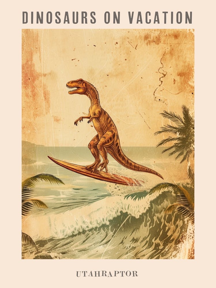 Vintage Utahraptor Dinosaur On A Surf Board 2 Poster