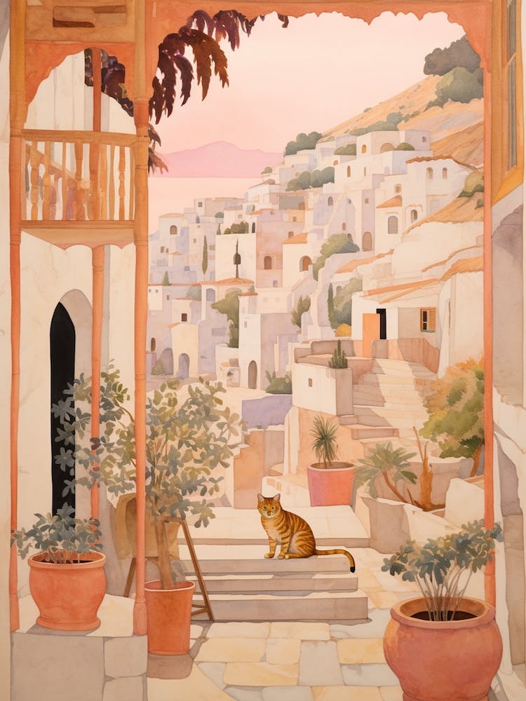 Mykonos Greece 4 Vintage Pink Travel Illustration