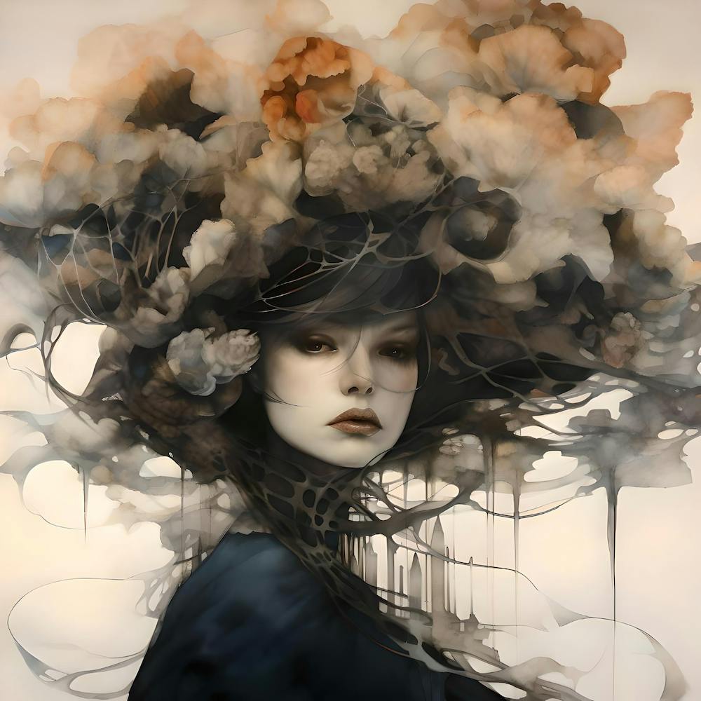 Ink & Watercolour Girl With Floral Hair, Surreal Witch 2