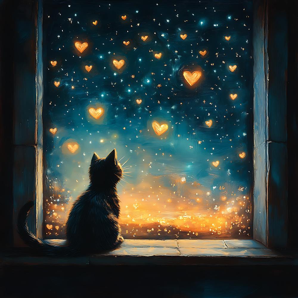 Dreamy Night Sky with Heart Stars Cat 1