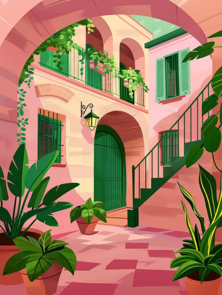 Rosa Innenhof mit Pflanzen und Treppen