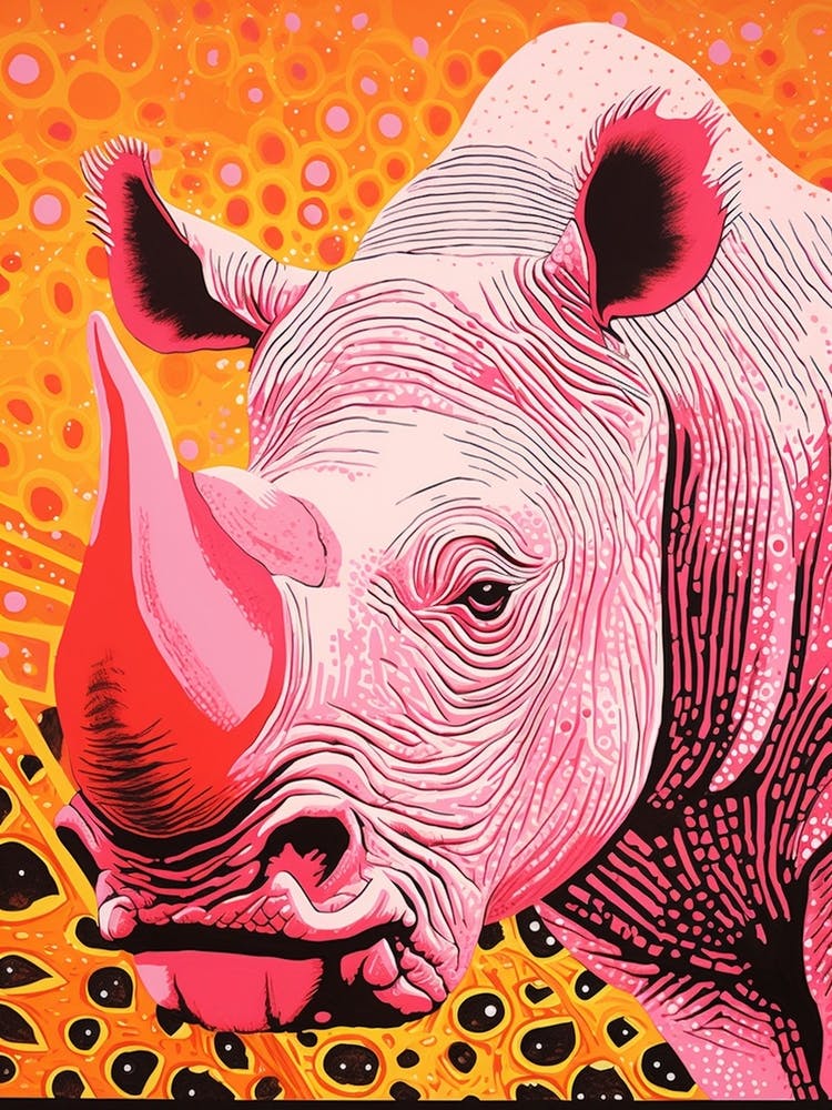 Linocut Inspired Pink Orange & Yellow Rhino  1