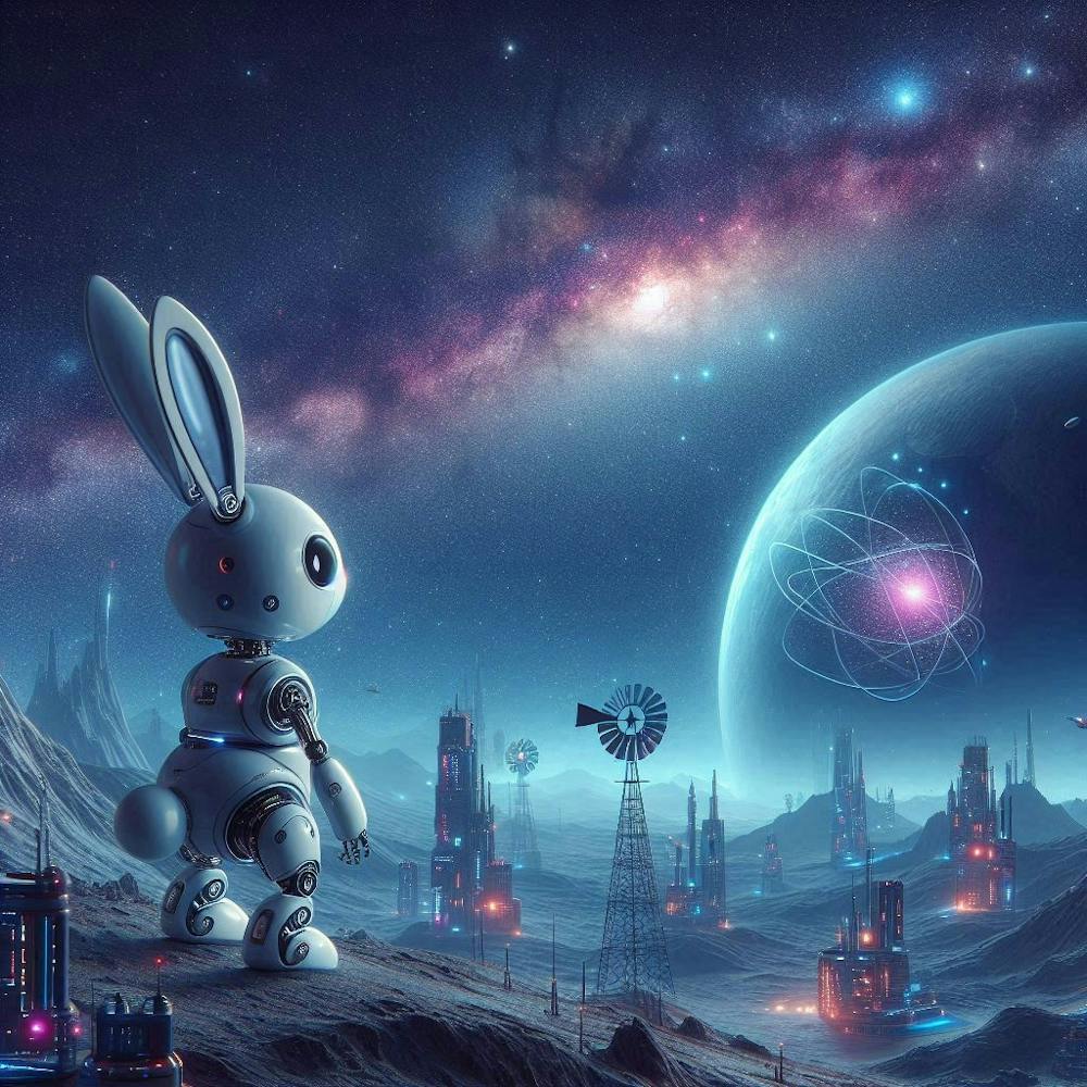 A modern robotic rabbit standing on a planet looking for a galaxy
