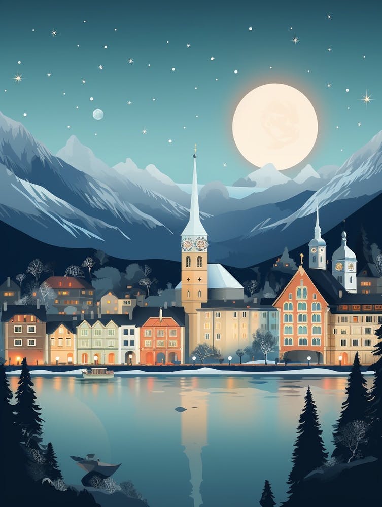 Winter Travel Night Illustration Lucerne Switzerland 2