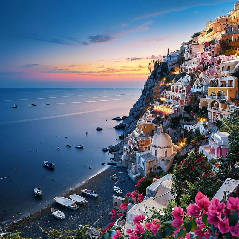 Twilight Coastal Village With Colorful Mediterranean Architecture
