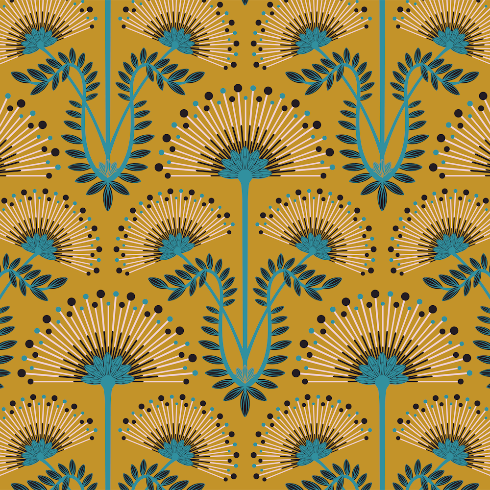 MIMOSA Art Deco Vintage Floral Botanical Damask in Blue Pale Pink and Black on Mustard Yellow