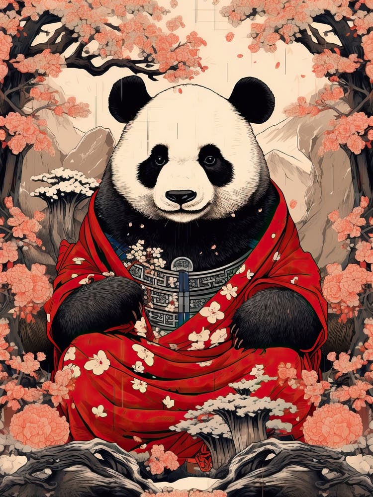 Panda Animal Drawing In The Style Of Ukiyo E 1