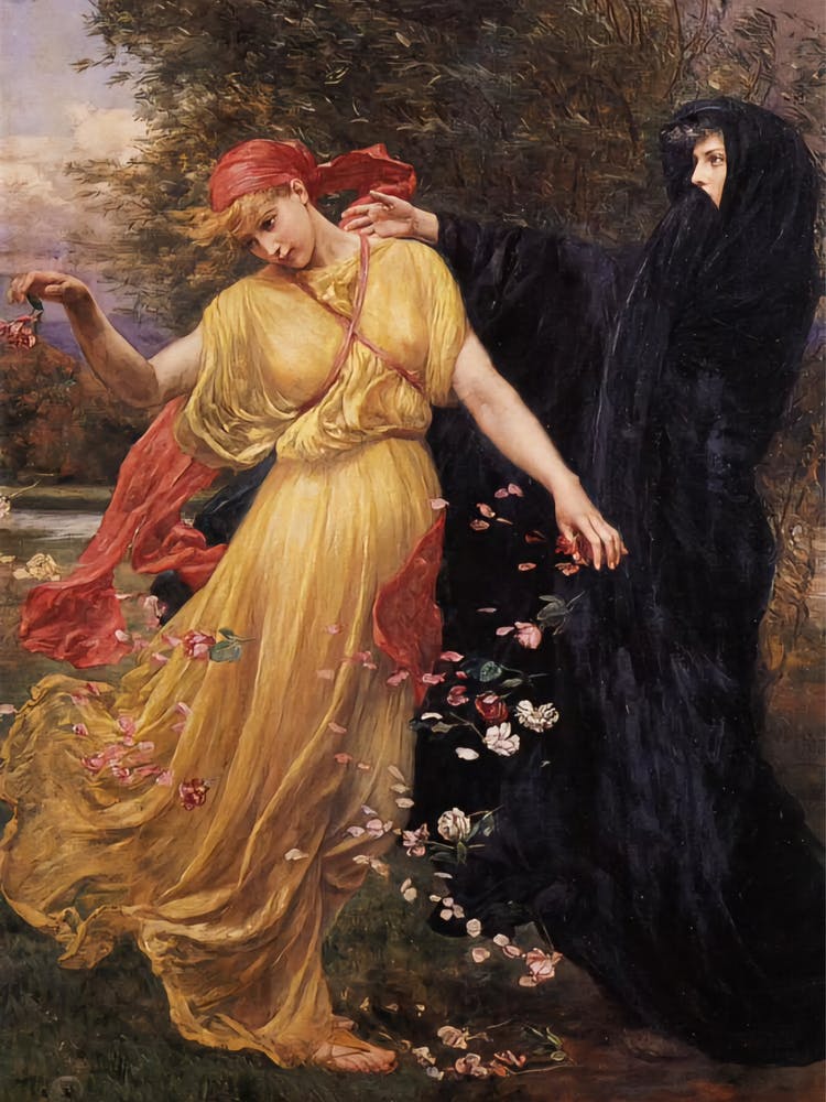 At the First Touch of Winter Summer Fades Away 1897 by Valentine Cameron Prinsep - Witchy Goddess Fairytale Pagan Mythology Yellow Dress Witch Occult Beautiful Remastered HD