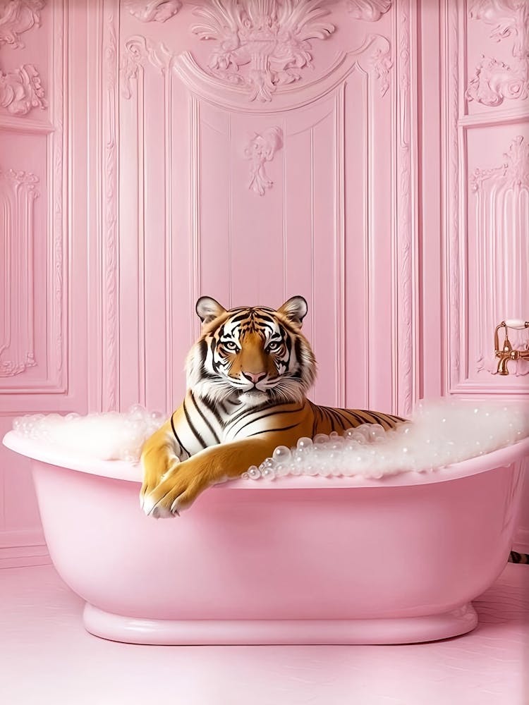 Tiger in einer Badewanne Pinker Druck Badezimmer Wandkunst Lustiges Poster Pink Preppy Wandkunst Dopamin Maximalist Dekor Tiger Poster Trendiges Mädchenhaftes Dekor