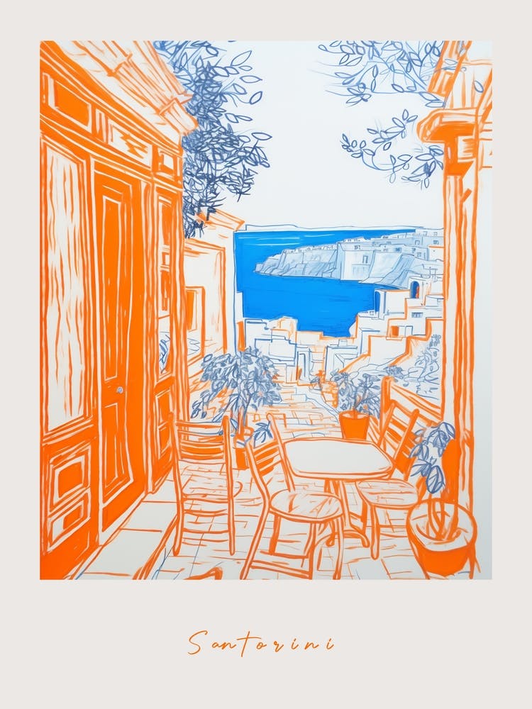 Santorini Greece 3 Orange Drawing Poster