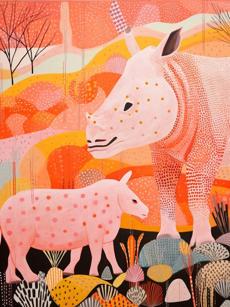 Zwei Abstrakte Nashörner in Pink & Orange 2