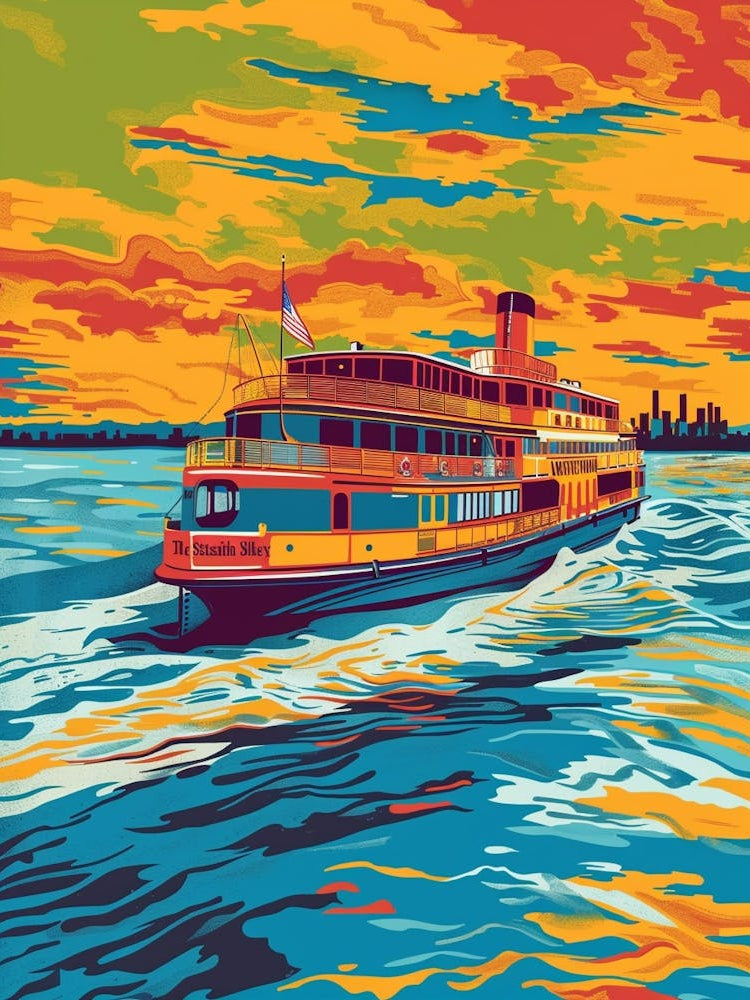 The Staten Island Ferry New York Colourful Silkscreen Illustration 1