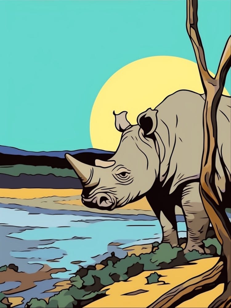 Simple Rhino Line Illustration By The River 1
