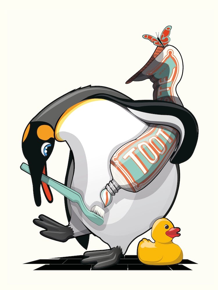 Penguin Brushing Teeth in Bathroom