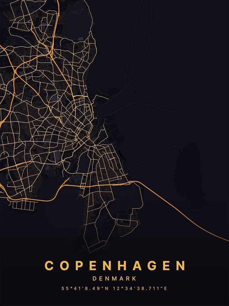 Copenhagen Denmark Black And Gold Map