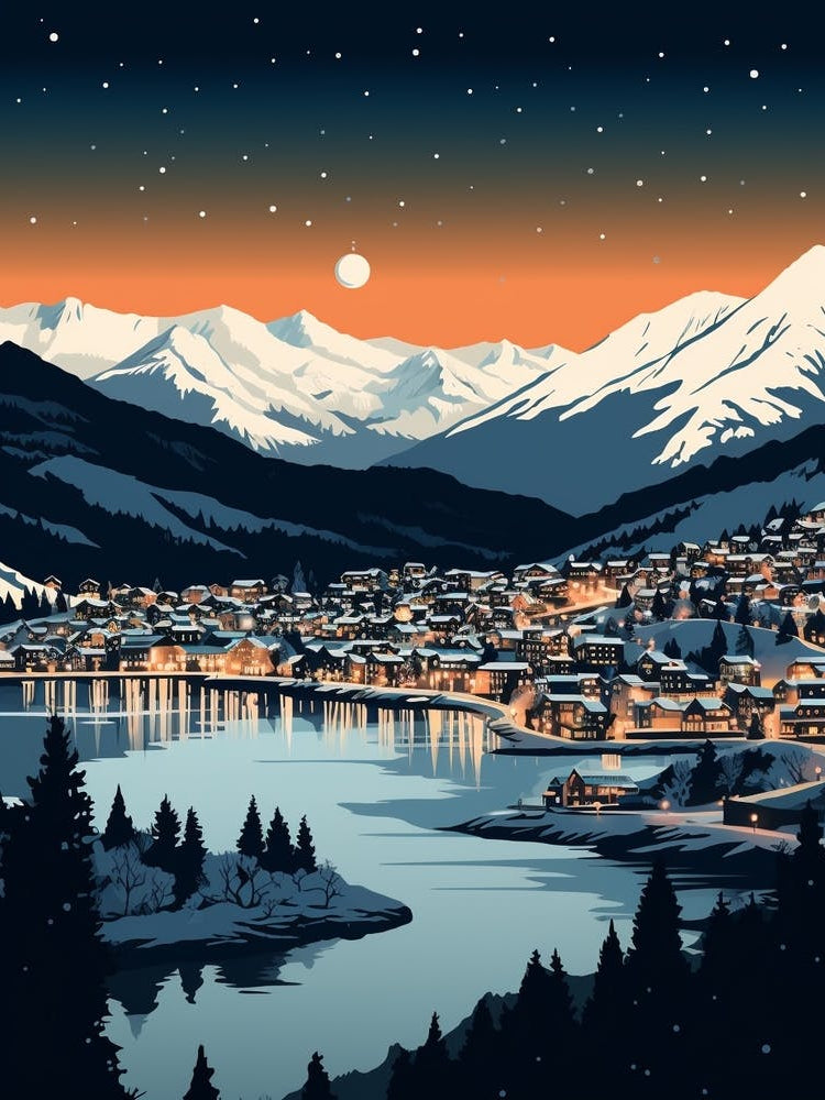 Winter Travel Night Illustration Queenstown New Zealand 2
