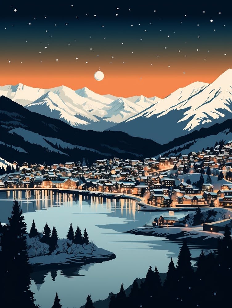 Winter Travel Night Illustration Queenstown New Zealand 2