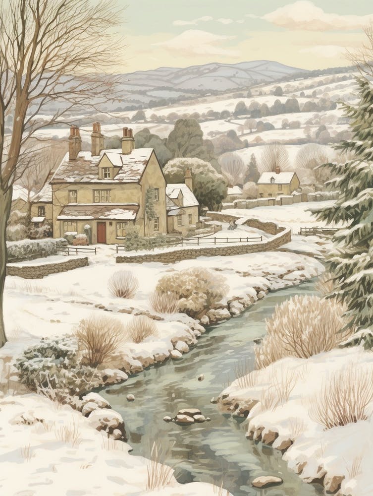 Vintage Winter Illustration Cotswolds United Kingdom 2