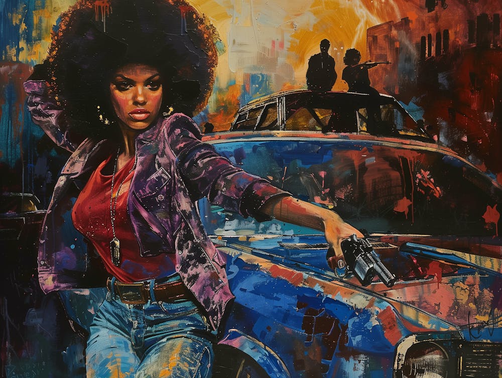 1970s streets with woman posing, Funk art style
