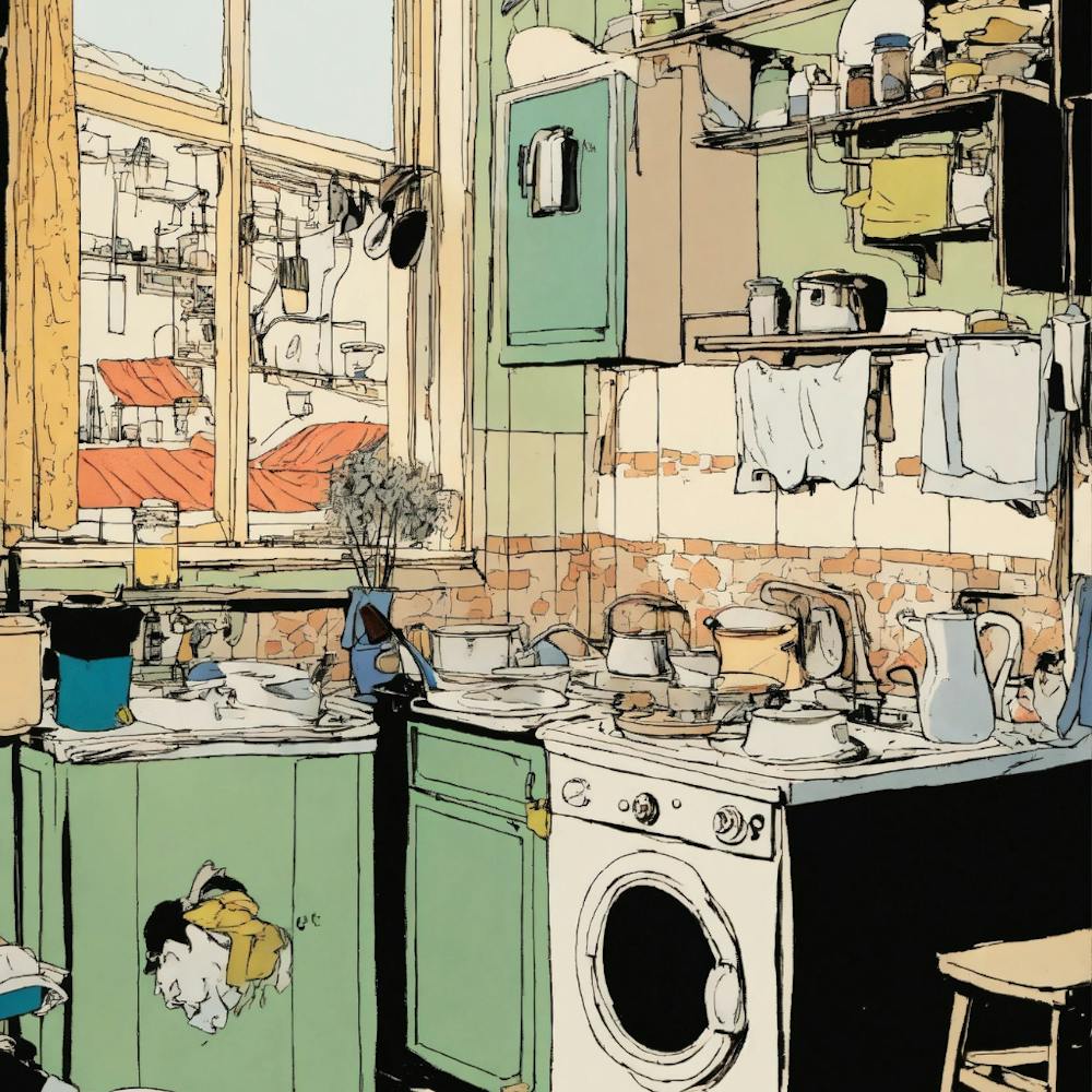 Pen and ink, cramped and messy apartment kitchen. sadness, stunning color scheme, masterpiece