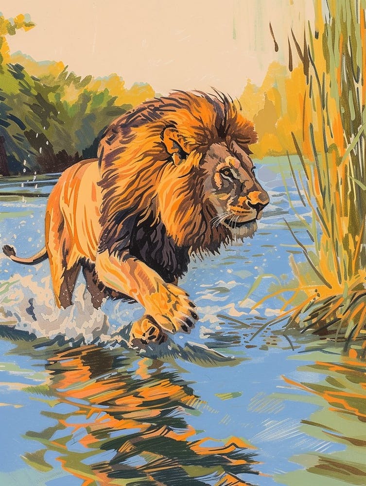 Southwest African Lion Crossing A River Fauvist Painting 1