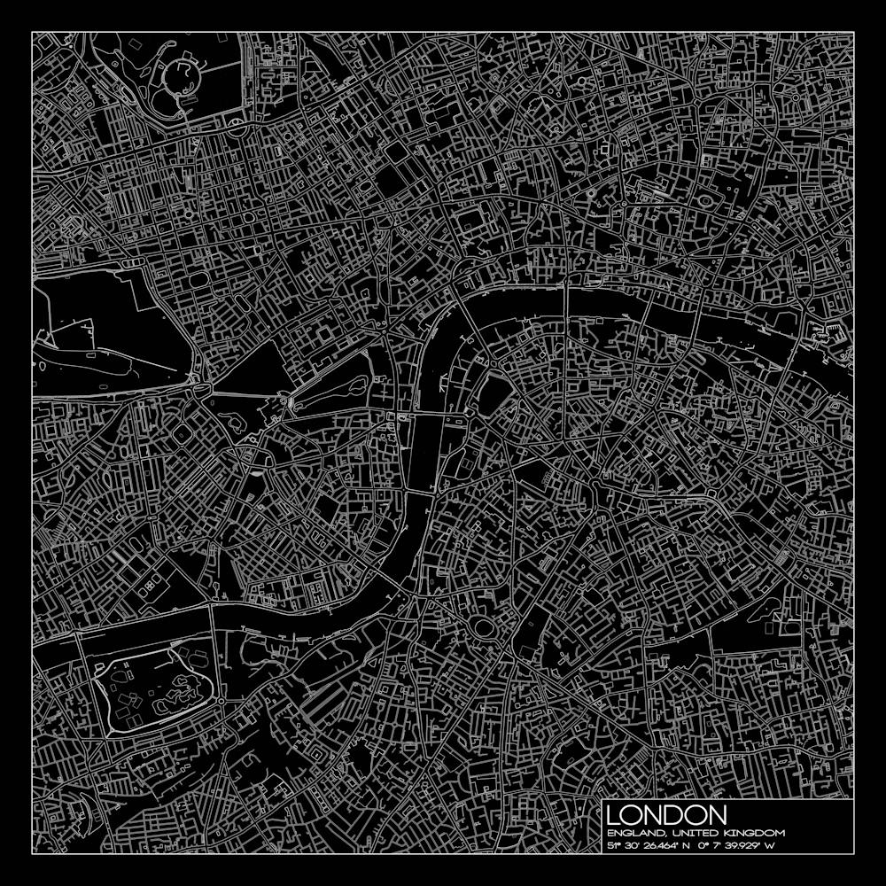 London, England, city map white on black blueprint design