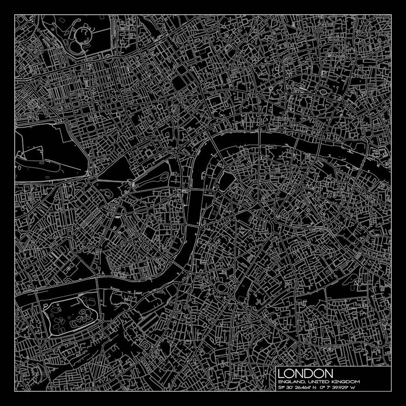 London, England, city map white on black blueprint design