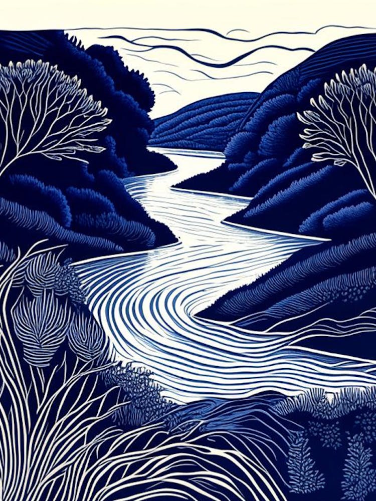 River Current Landscapes Waterscape Linocut 1
