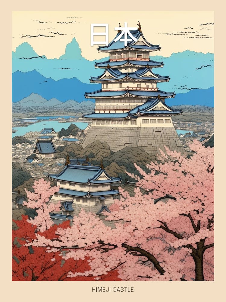 Himeji Castle, Japan Vintage Travel Art 2 Poster