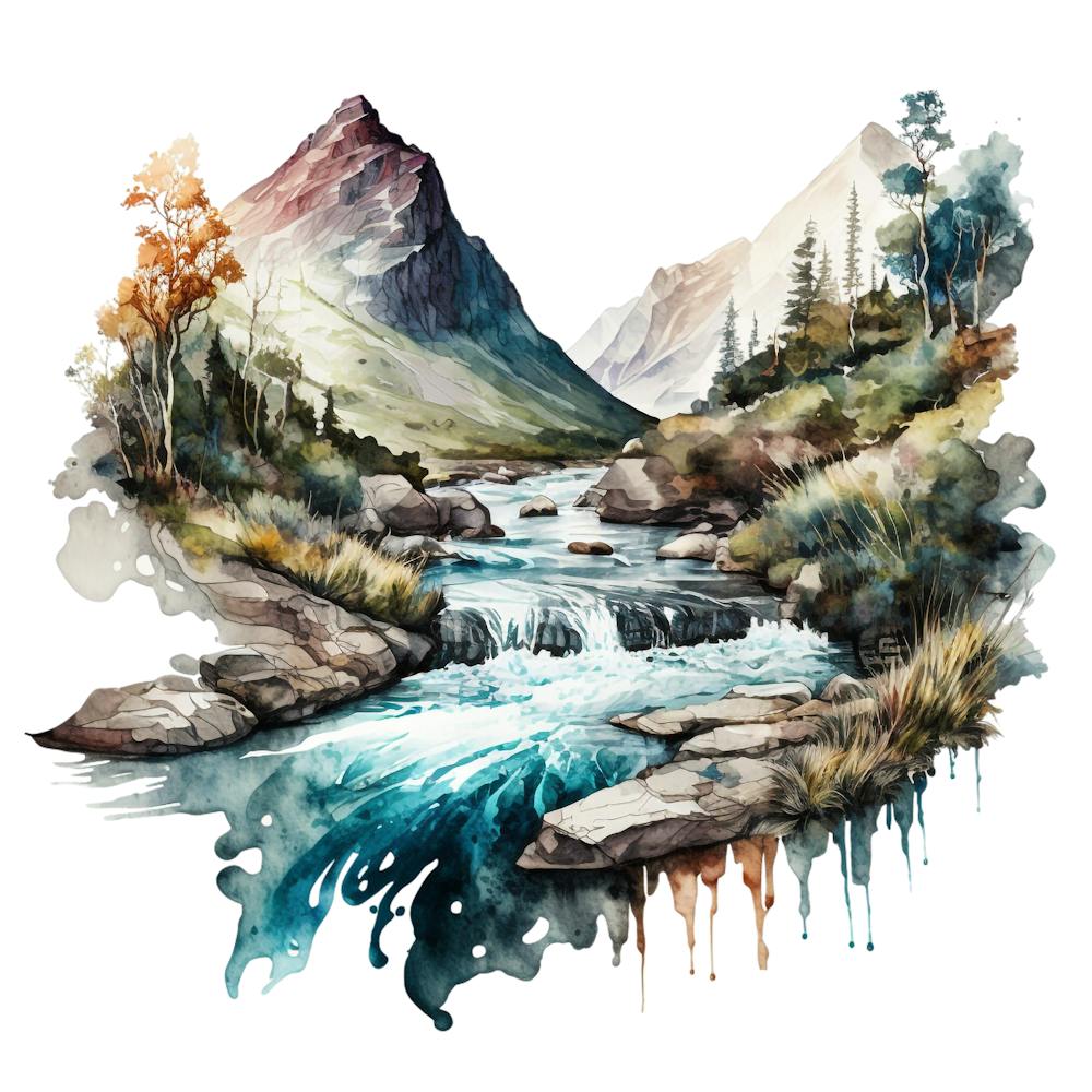 Watercolor Of A Mountain Stream 7