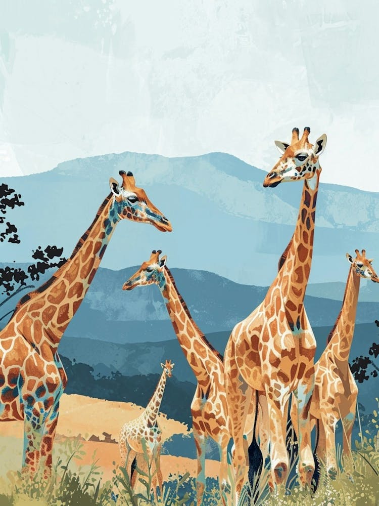 Herd Of Giraffes In The Wild Modern Illustration 2