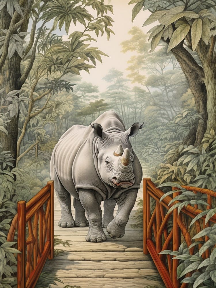Rhino Walking Over The Wooden Bridge Realistic Illustration 1