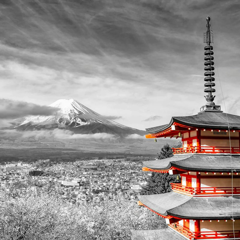 Lovely View Of Mount Fuji With Pagoda In Colorkey