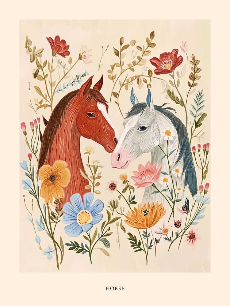 Folksy Floral Animal Drawing Horse 3 Poster