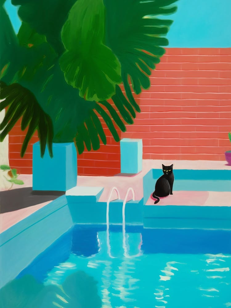 Hockney Inspired Black Cat In The Pool