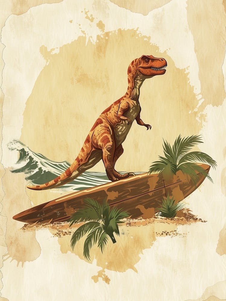 Vintage Oviraptor Dinosaur On A Surf Board   1