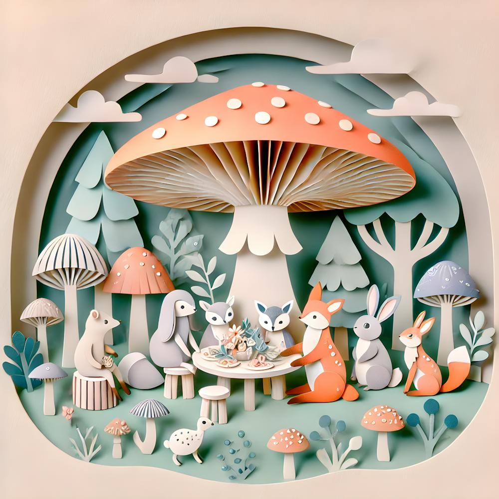 Whimsical Forest Picnic Under A Giant Mushroom