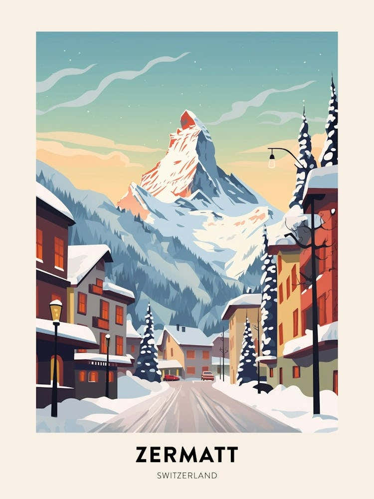 Vintage Winter Travel Poster Zermatt Switzerland 3