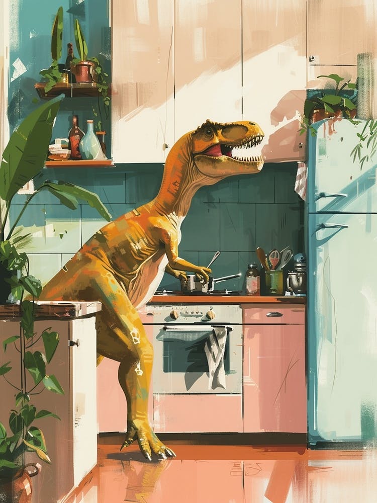 Dinosaur Cooking In The Kitchen Pastel Painting 2