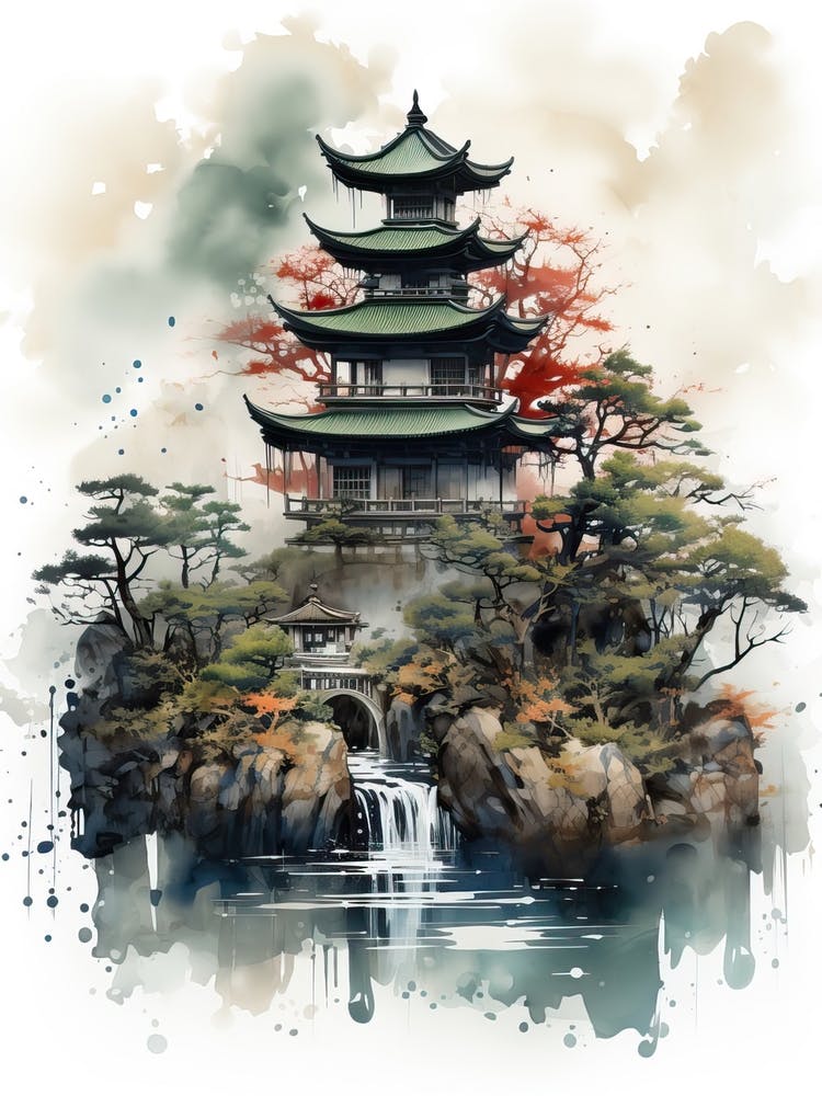 Chureito Pagoda In Yamanashi, Japanese Brush Painting, Ukiyo E, Minimal 1