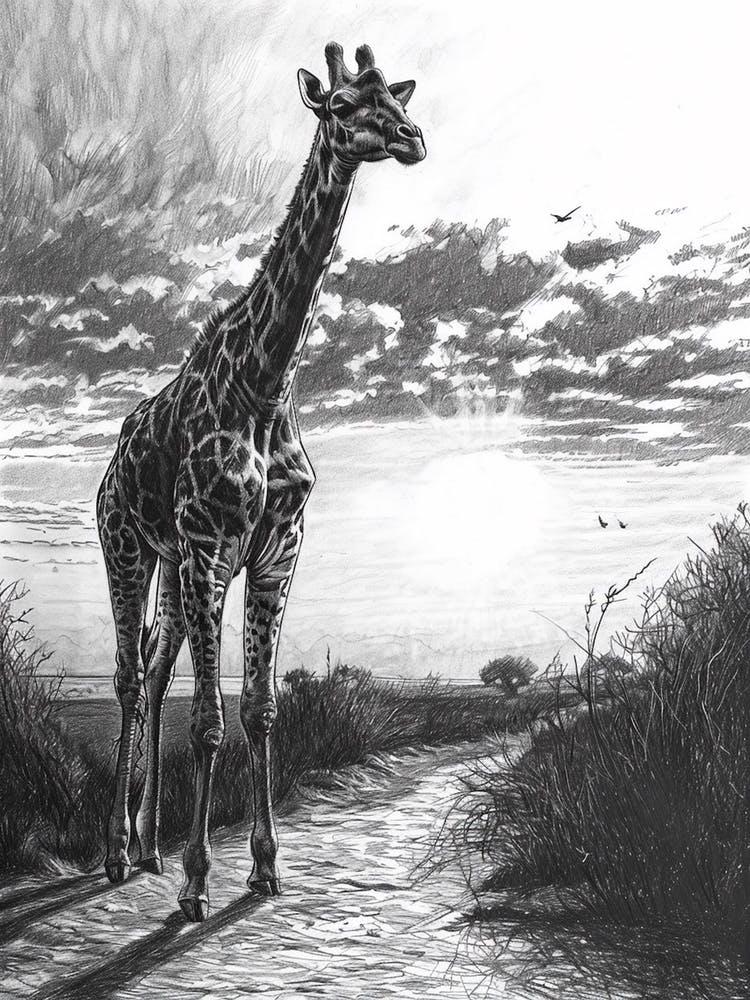 Pencil Portrait Of Giraffe In The Sun