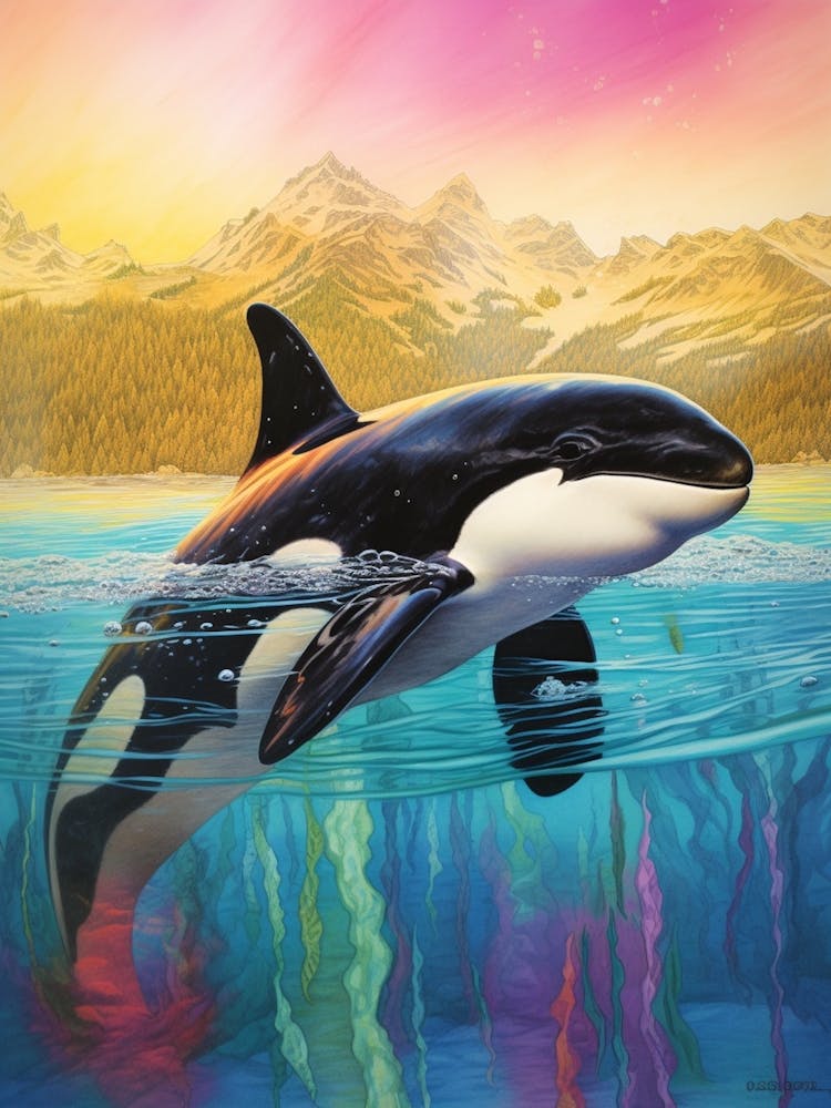 Rainbow Orca Whale Northern Lights Illustration