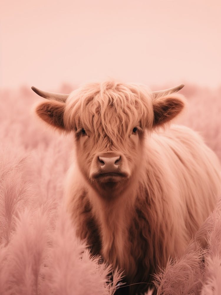 Pink Portrait Of Highland Cow Realistic Photography Style 2