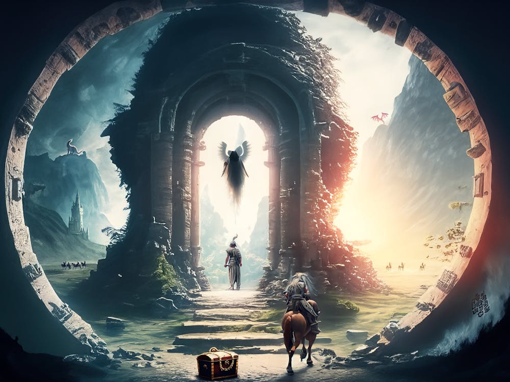 Ancient portal with dragons and wariors