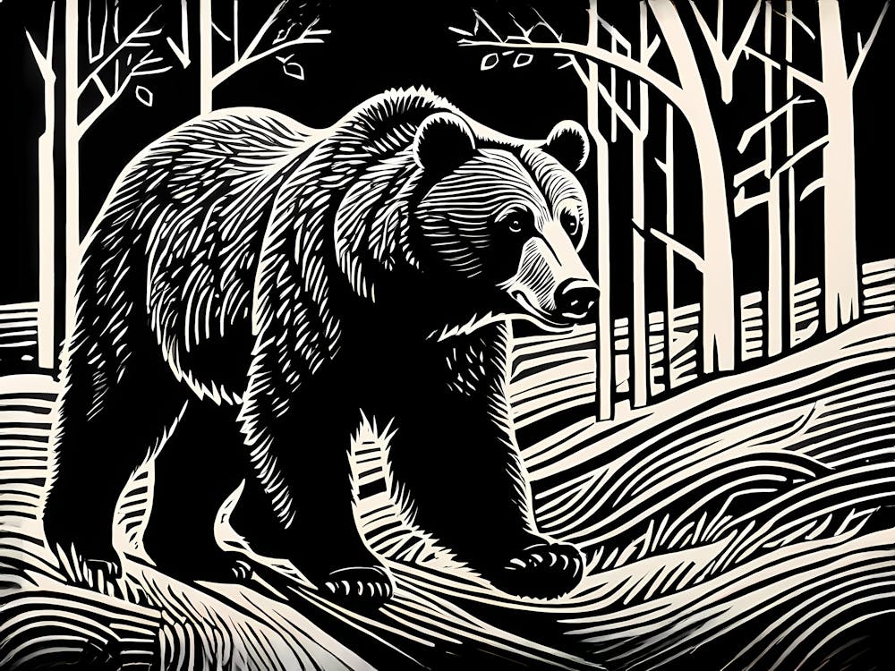 Playful Bear Captured In The Style Of A Linocut, black and white art, animal art, 165